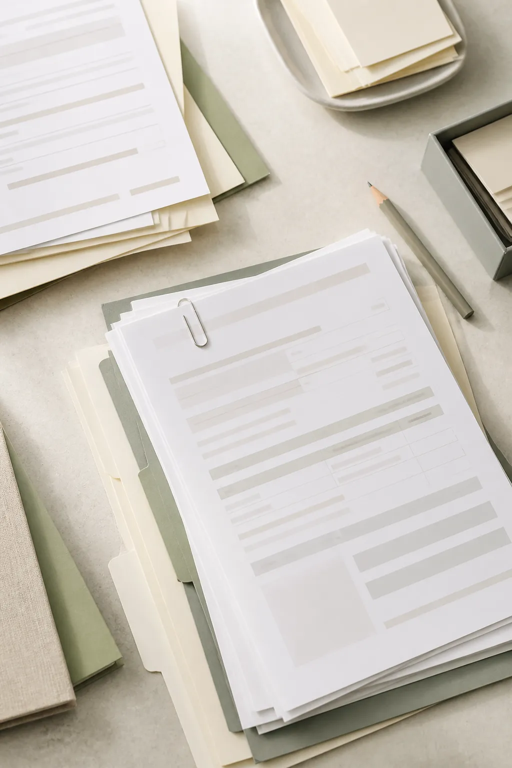 Administrative records arranged for careful review on a light work surface
